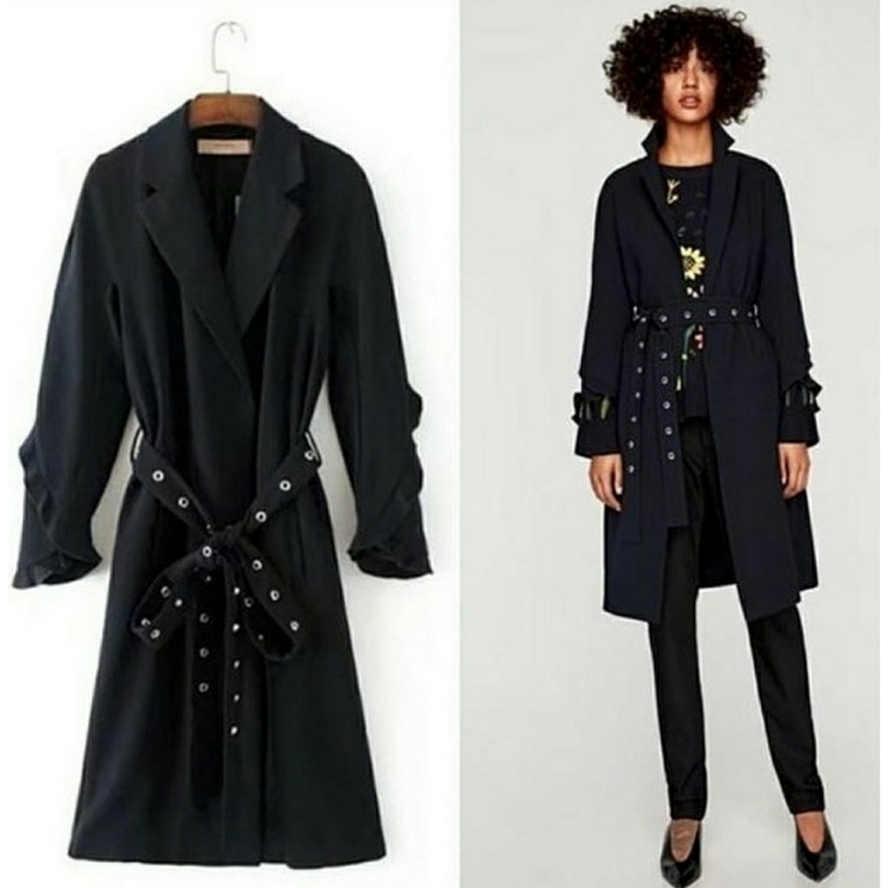ZARA // ltd ed blogger fave ruffle detail metal grommet belt trench coat - Picture 5 of 16